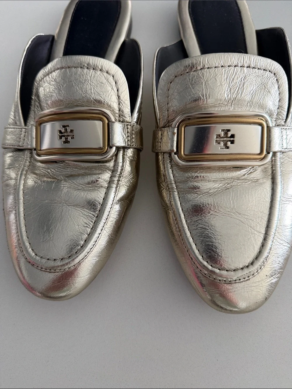 Tory Burch Metallic Gold Slip-On Mule with Logo Plaque